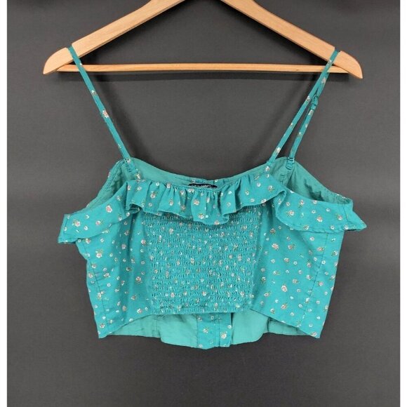 American Eagle Women's Ditsy Floral Crop Top L Teal Linen Blend Feminine Y2k - Picture 2 of 8